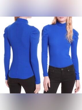 Free People Tattooed Heart Puff Sleeve Mock Turtleneck Top Blue L